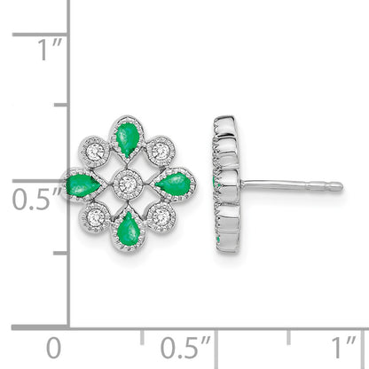 14k White Gold Emerald and Diamond Floral Post Earrings