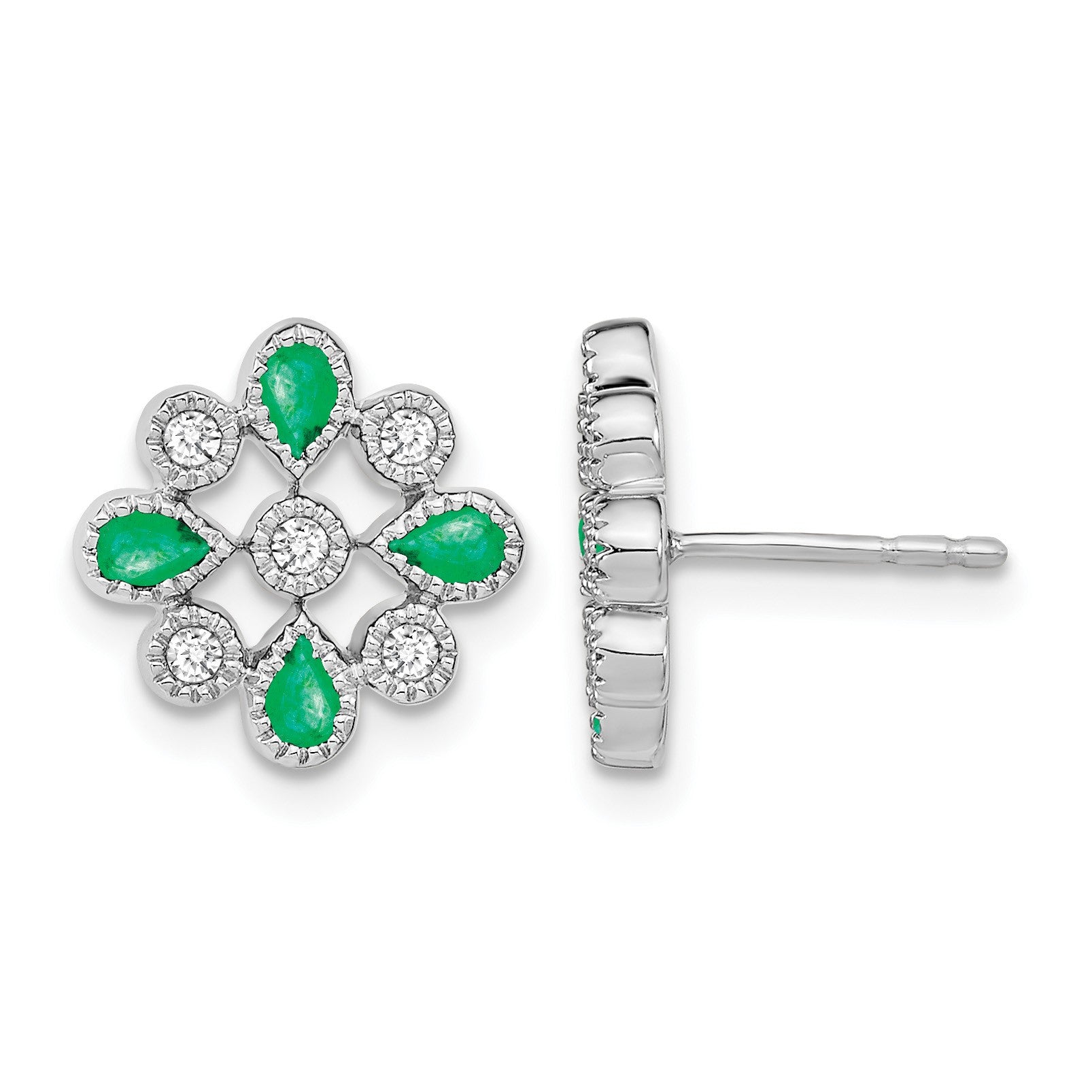 14k White Gold Emerald and Diamond Floral Post Earrings
