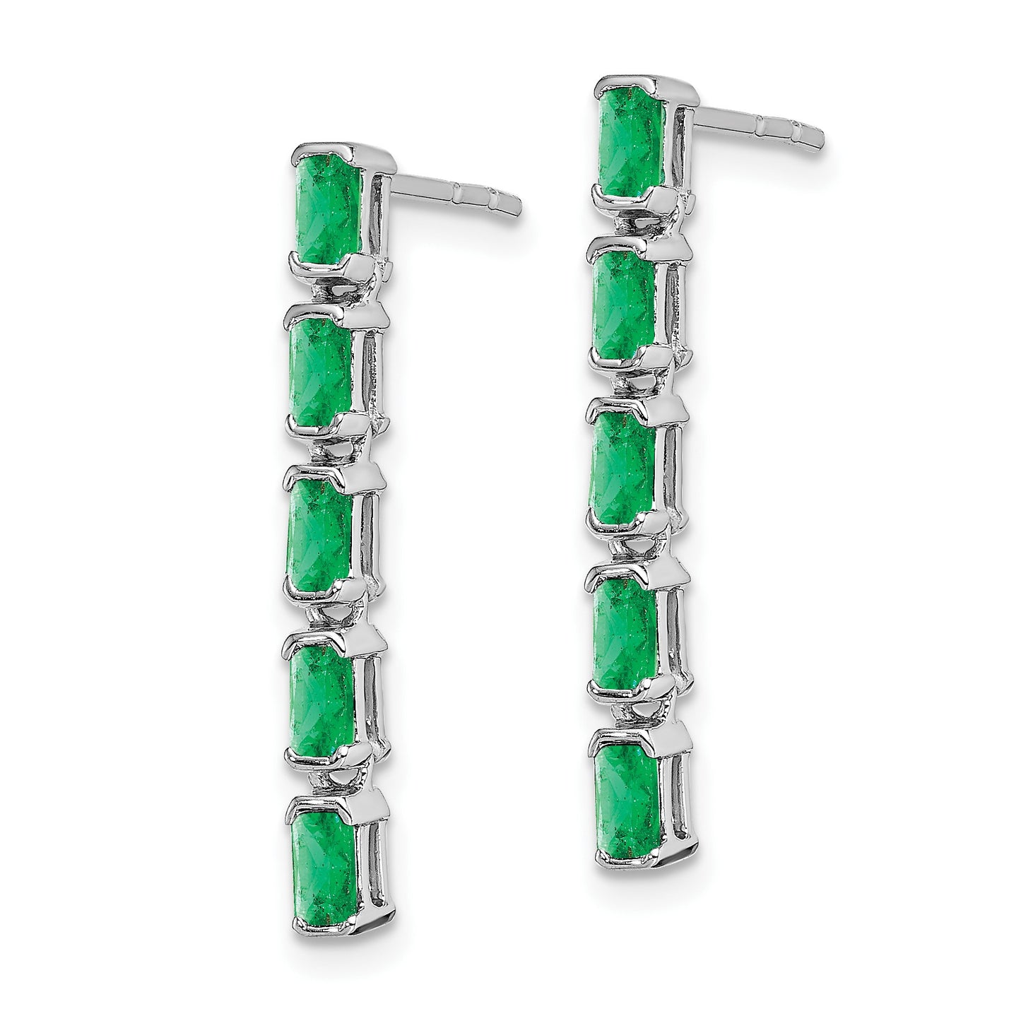 14k White Gold Emerald-cut Emerald 5-stone Dangle Post Earrings