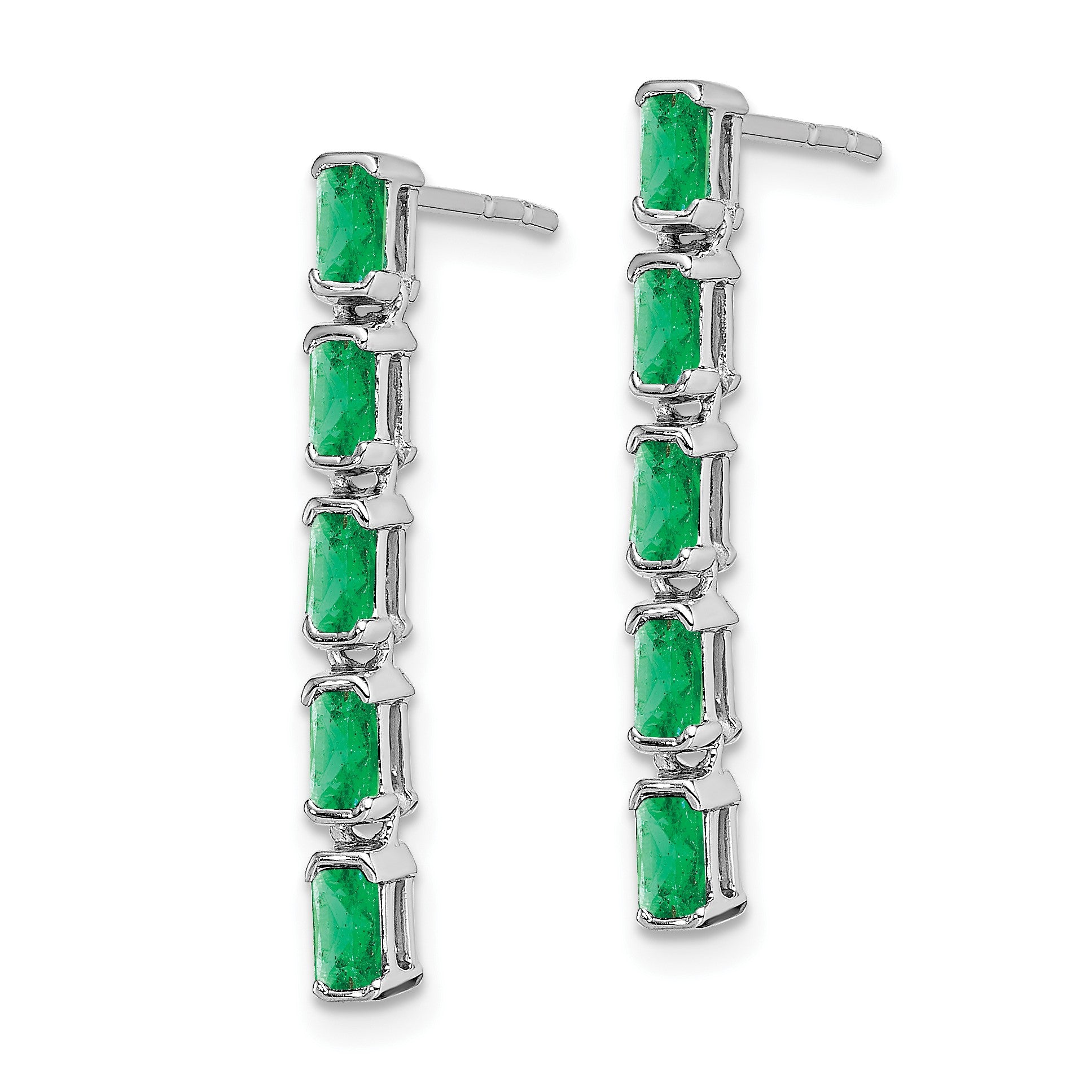 14k White Gold Emerald-cut Emerald 5-stone Dangle Post Earrings