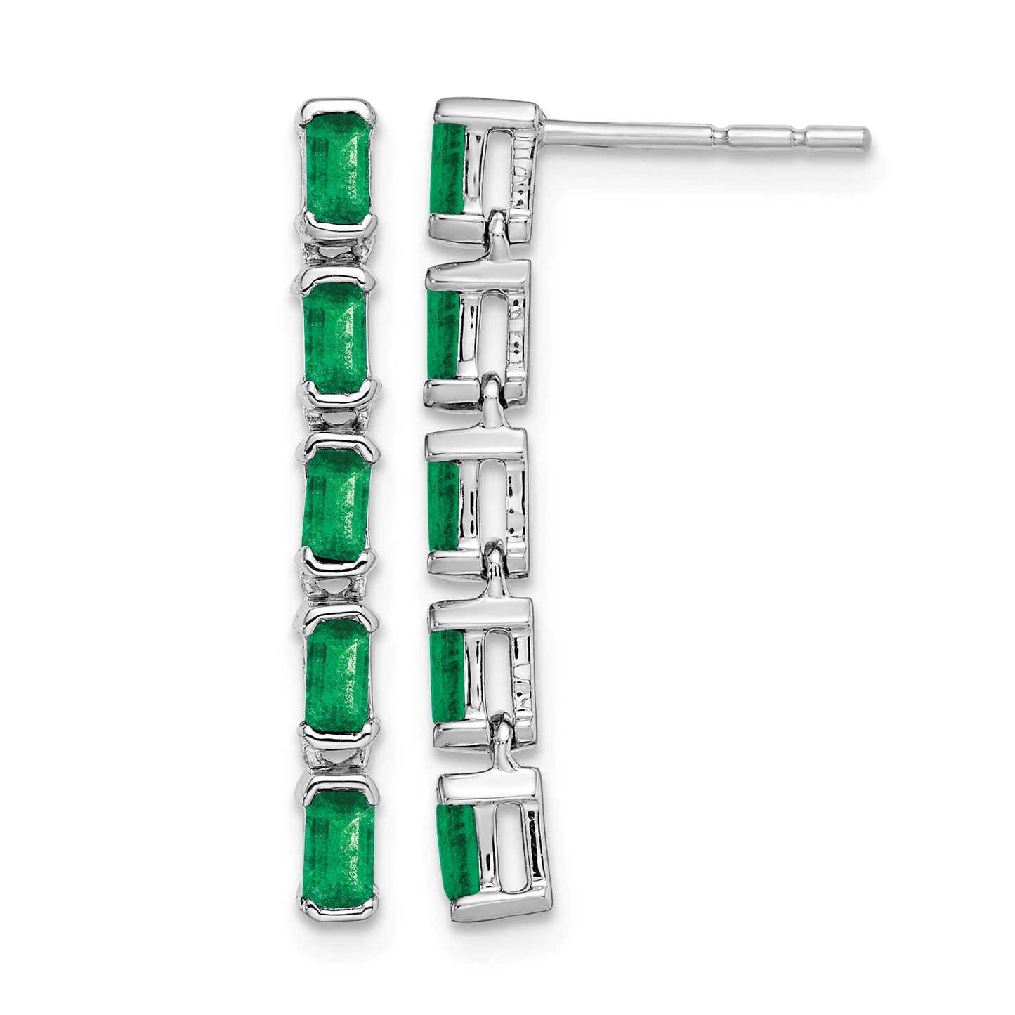 14k White Gold Emerald-cut Emerald 5-stone Dangle Post Earrings