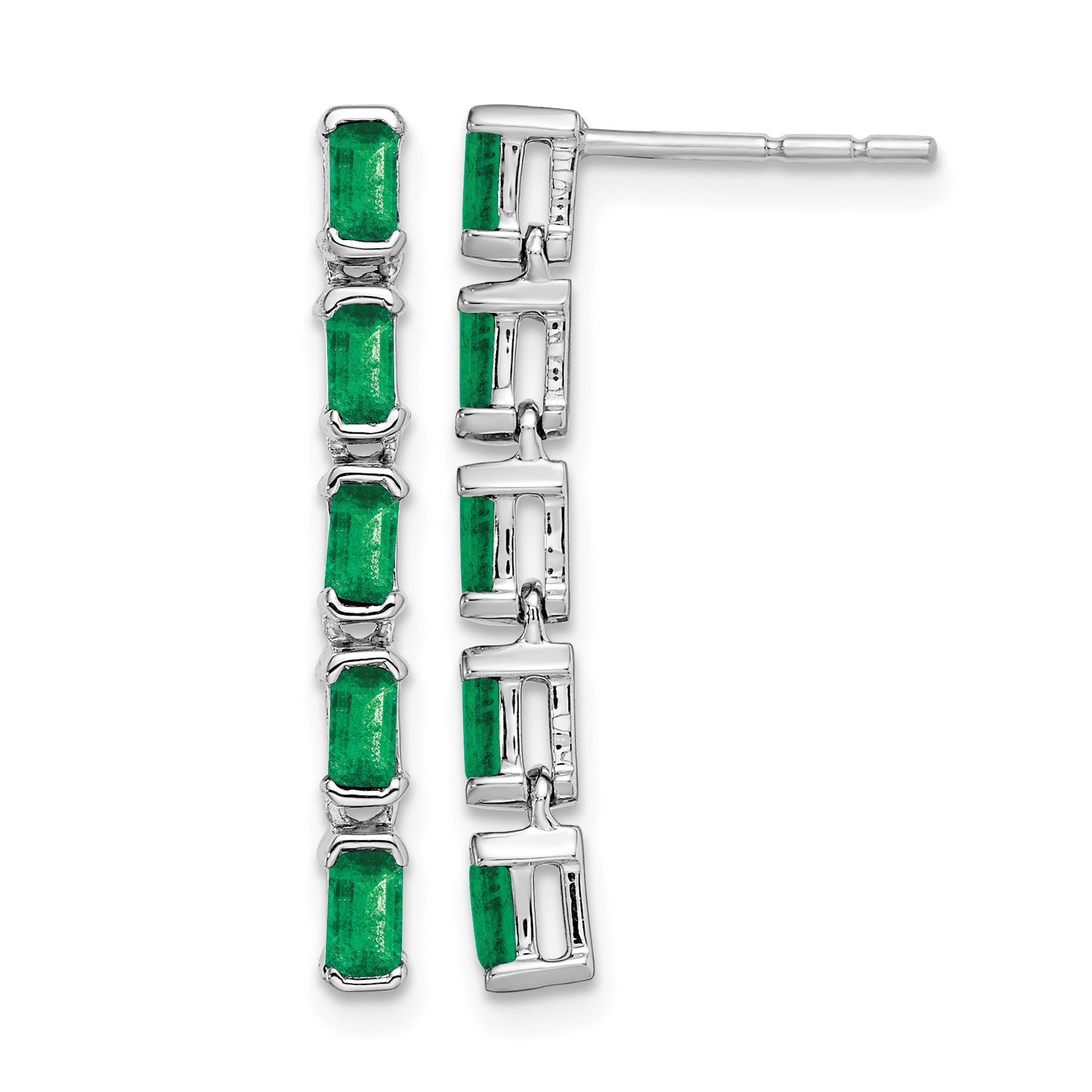 14k White Gold Emerald-cut Emerald 5-stone Dangle Post Earrings