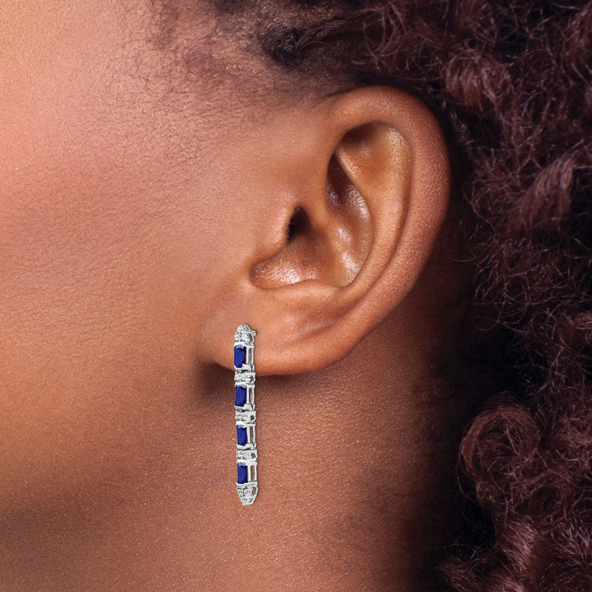 14k White Gold Emerald-cut Sapphire and Diamond 4-stone Dangle Post Earrings