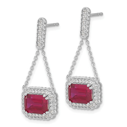 14k White Gold 8x6mm Emerald-cut Lab Created Ruby and Diamond Chain Dangle Post Earrings
