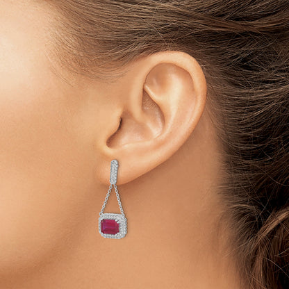 14k White Gold 8x6mm Emerald-cut Lab Created Ruby and Diamond Chain Dangle Post Earrings