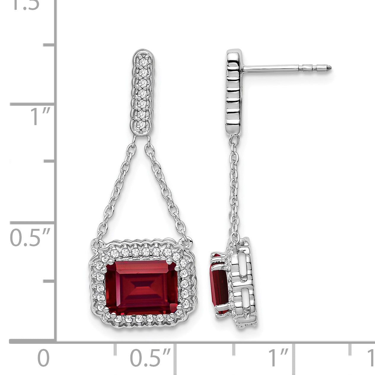 14k White Gold 8x6mm Emerald-cut Lab Created Ruby and Diamond Chain Dangle Post Earrings