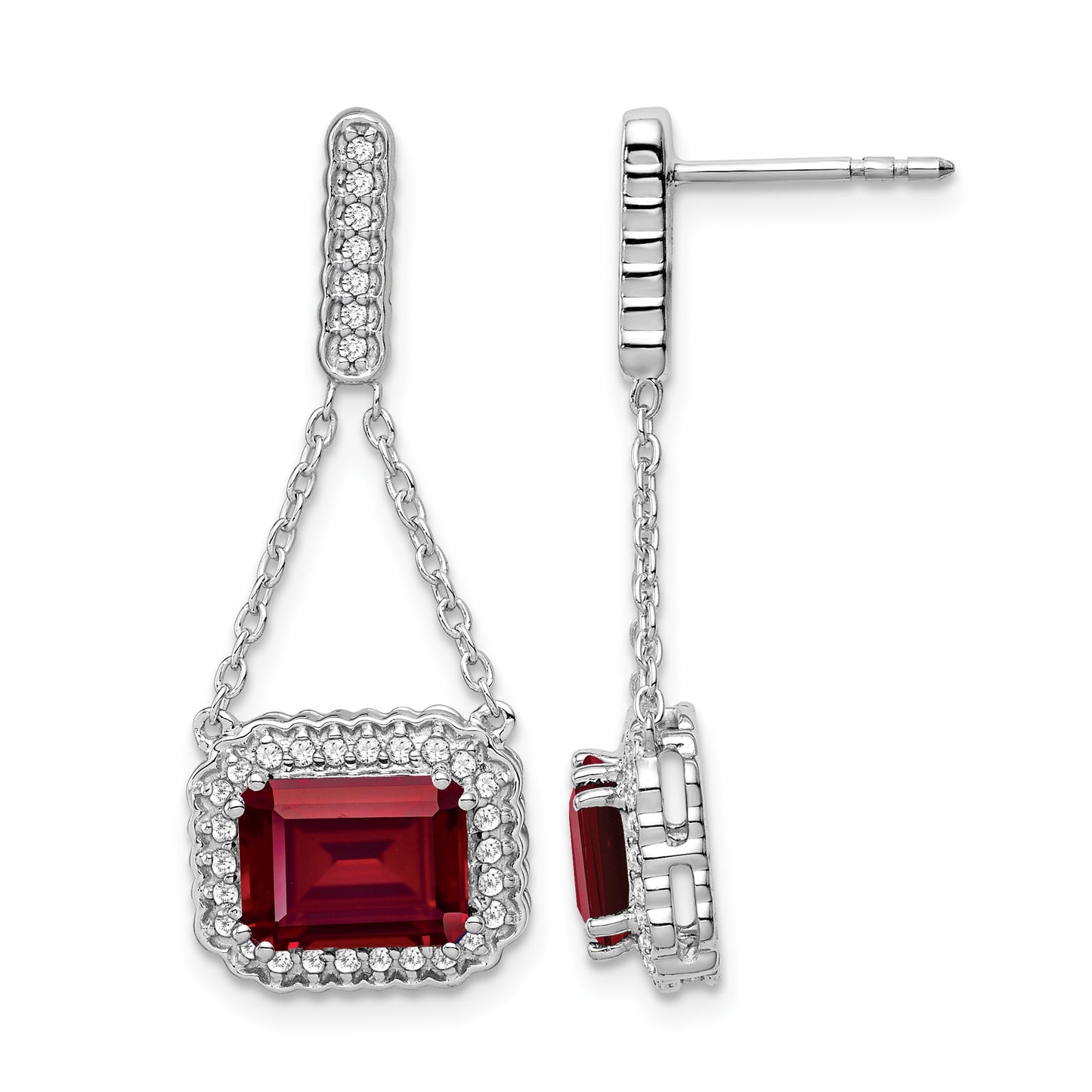 14k White Gold 8x6mm Emerald-cut Lab Created Ruby and Diamond Chain Dangle Post Earrings