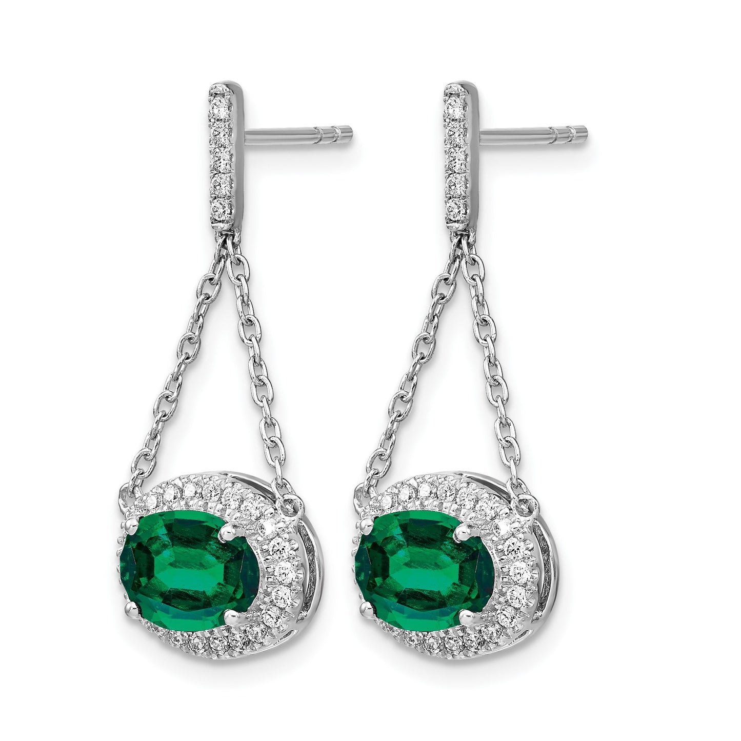 14k White Gold 8x6mm Oval Lab Created Emerald and Diamond Chain Dangle Post Earrings