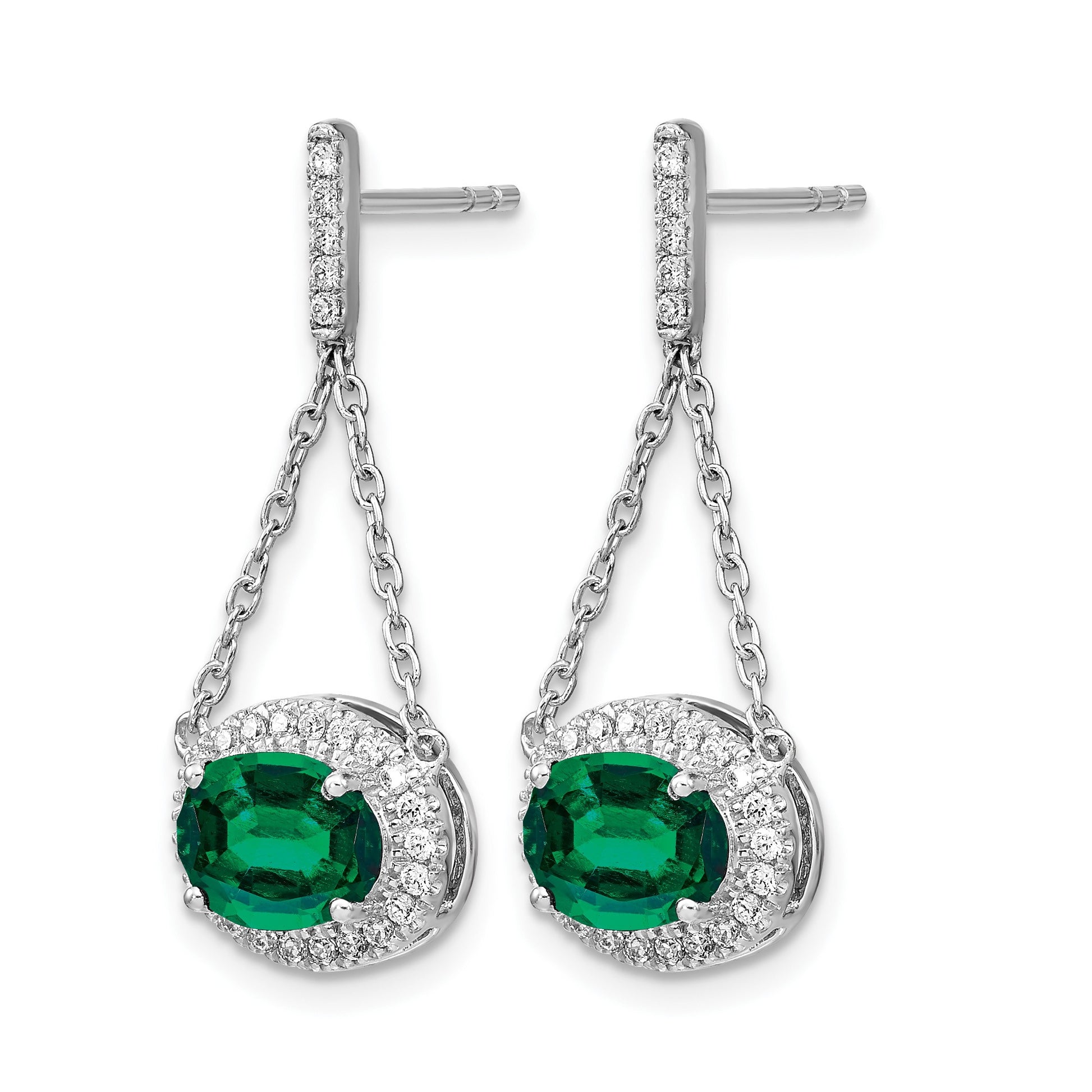 14k White Gold 8x6mm Oval Lab Created Emerald and Diamond Chain Dangle Post Earrings