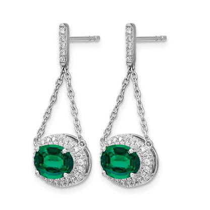 14k White Gold 8x6mm Oval Lab Created Emerald and Diamond Chain Dangle Post Earrings