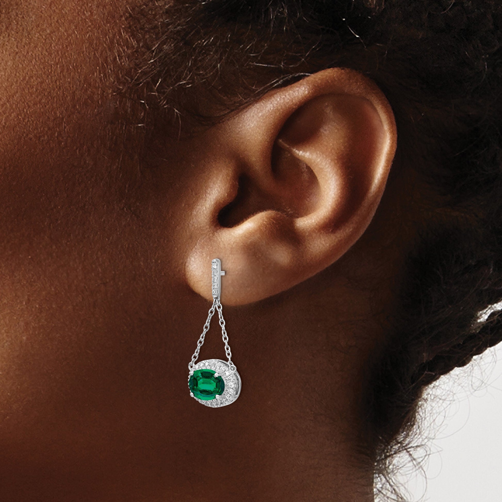 14k White Gold 8x6mm Oval Lab Created Emerald and Diamond Chain Dangle Post Earrings