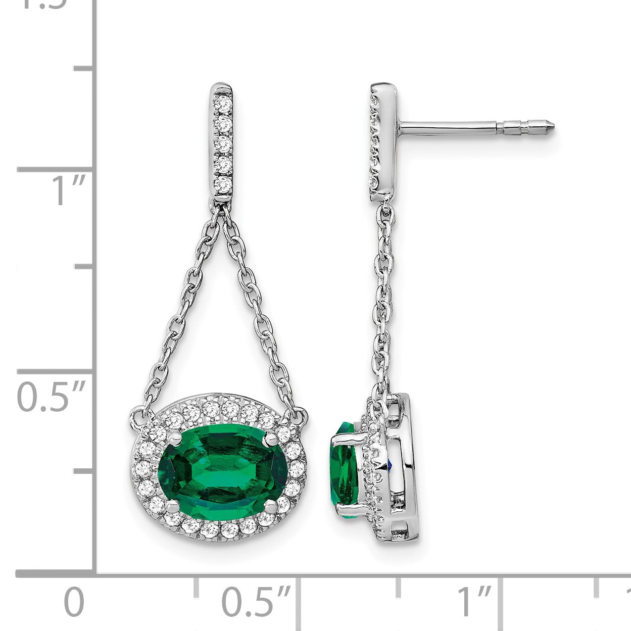 14k White Gold 8x6mm Oval Lab Created Emerald and Diamond Chain Dangle Post Earrings