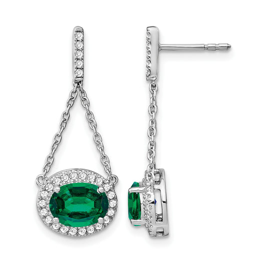 14k White Gold 8x6mm Oval Lab Created Emerald and Diamond Chain Dangle Post Earrings