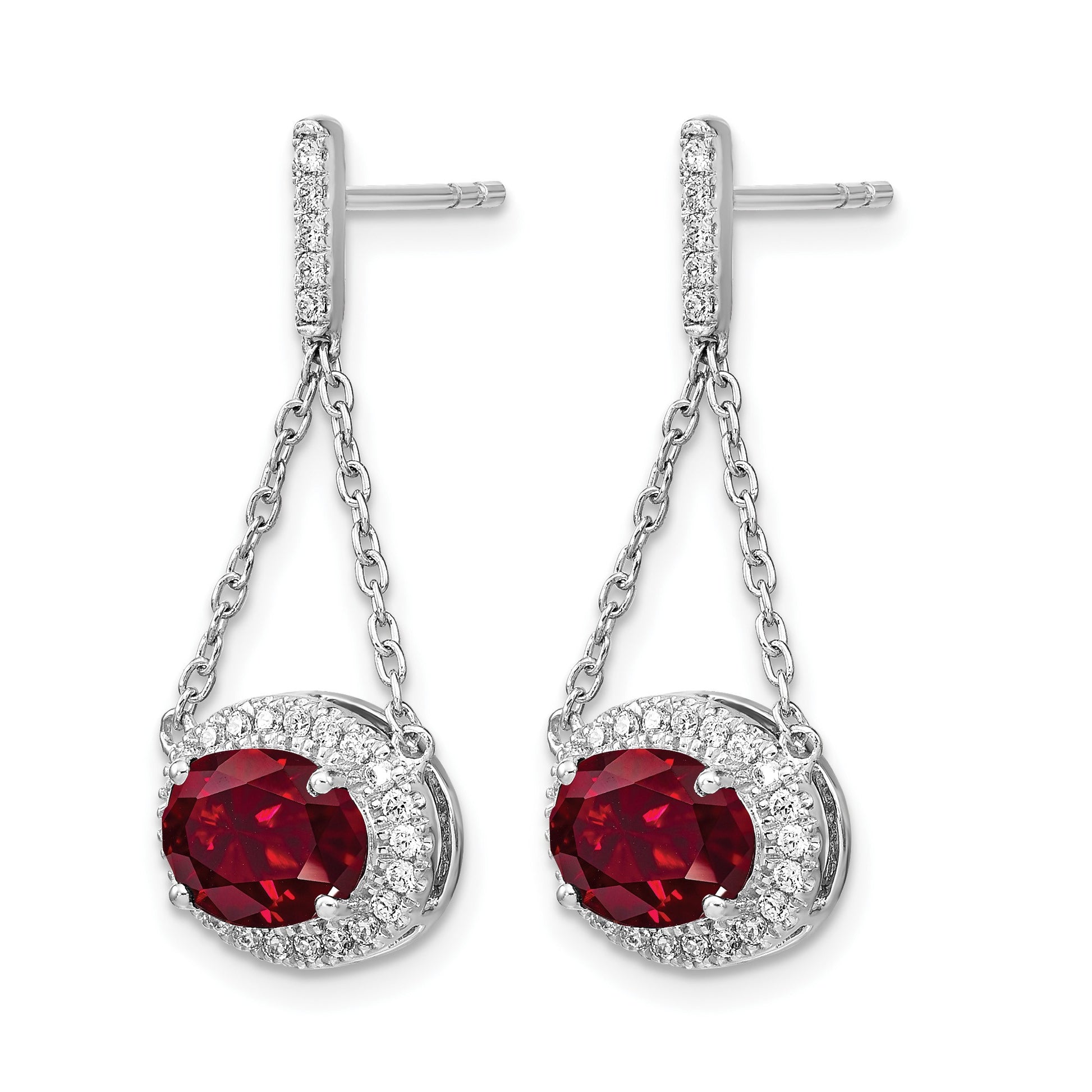 14k White Gold 8x6mm Oval Lab Created Ruby and Diamond Chain Dangle Post Earrings