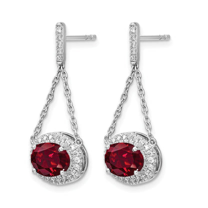 14k White Gold 8x6mm Oval Lab Created Ruby and Diamond Chain Dangle Post Earrings