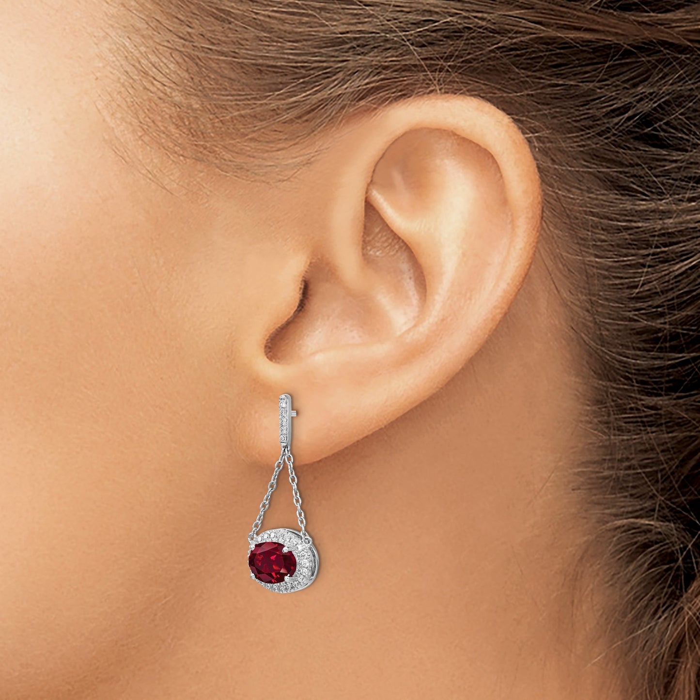 14k White Gold 8x6mm Oval Lab Created Ruby and Diamond Chain Dangle Post Earrings