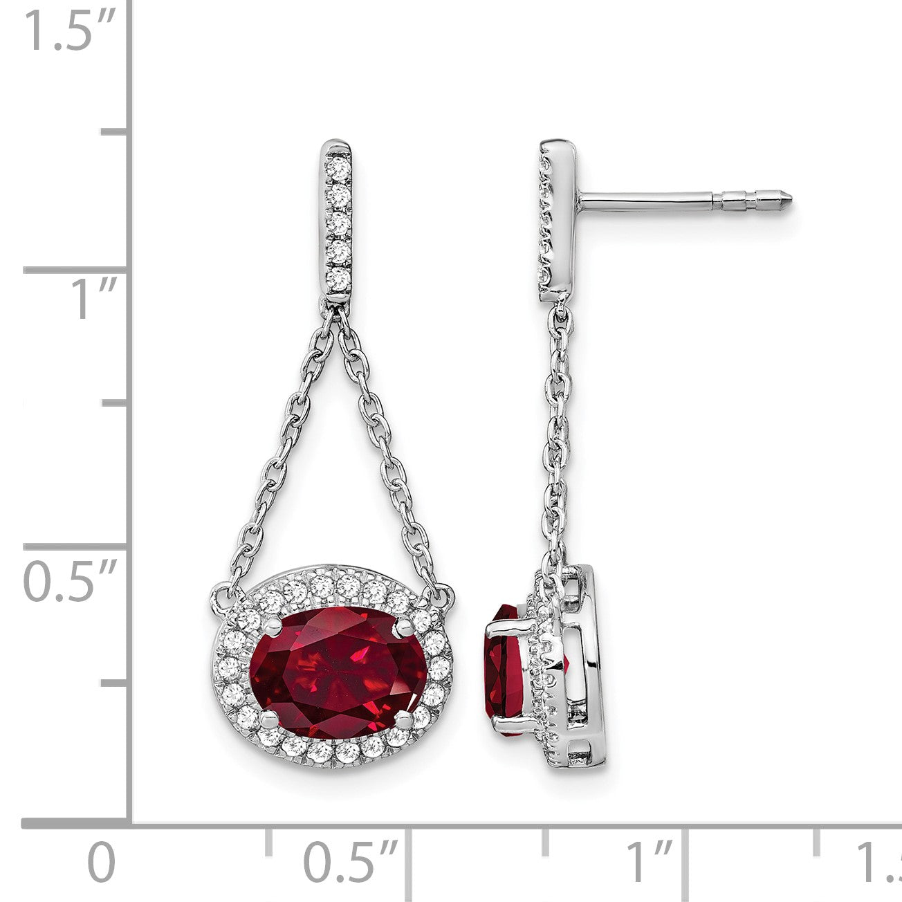 14k White Gold 8x6mm Oval Lab Created Ruby and Diamond Chain Dangle Post Earrings