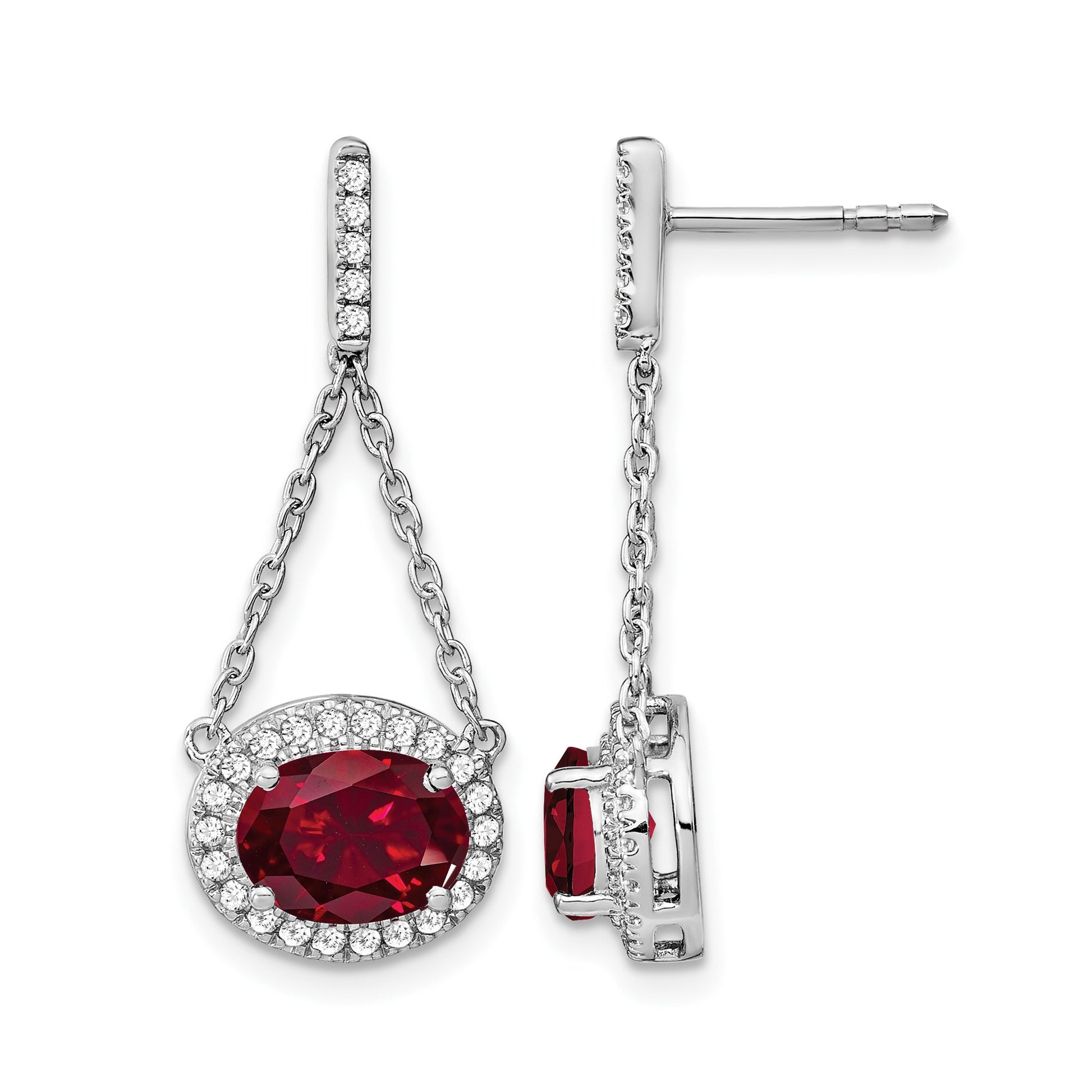 14k White Gold 8x6mm Oval Lab Created Ruby and Diamond Chain Dangle Post Earrings