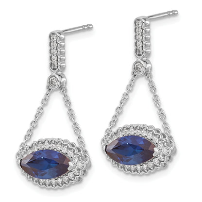 14k White Gold 10x5mm Marquise Lab Created Sapphire and Diamond Chain Dangle Post Earrings