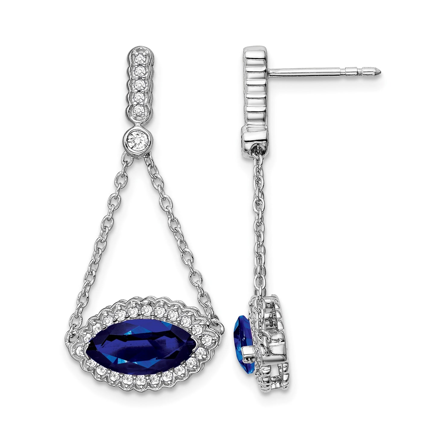 14k White Gold 10x5mm Marquise Lab Created Sapphire and Diamond Chain Dangle Post Earrings