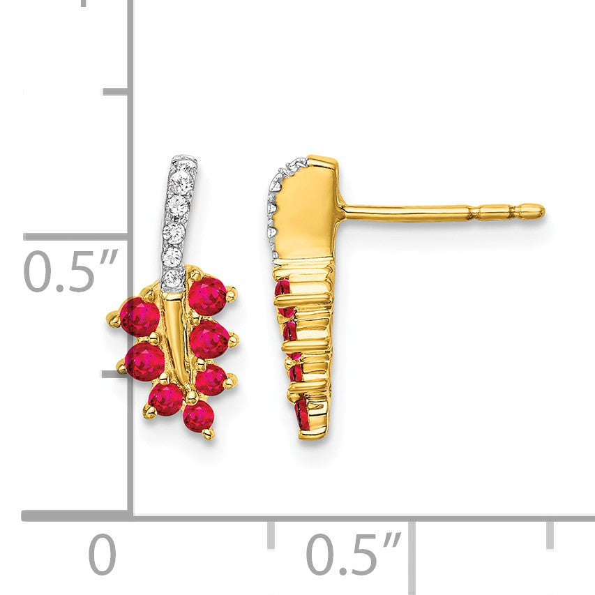 14k Ruby and Diamond Leaf Post Earrings