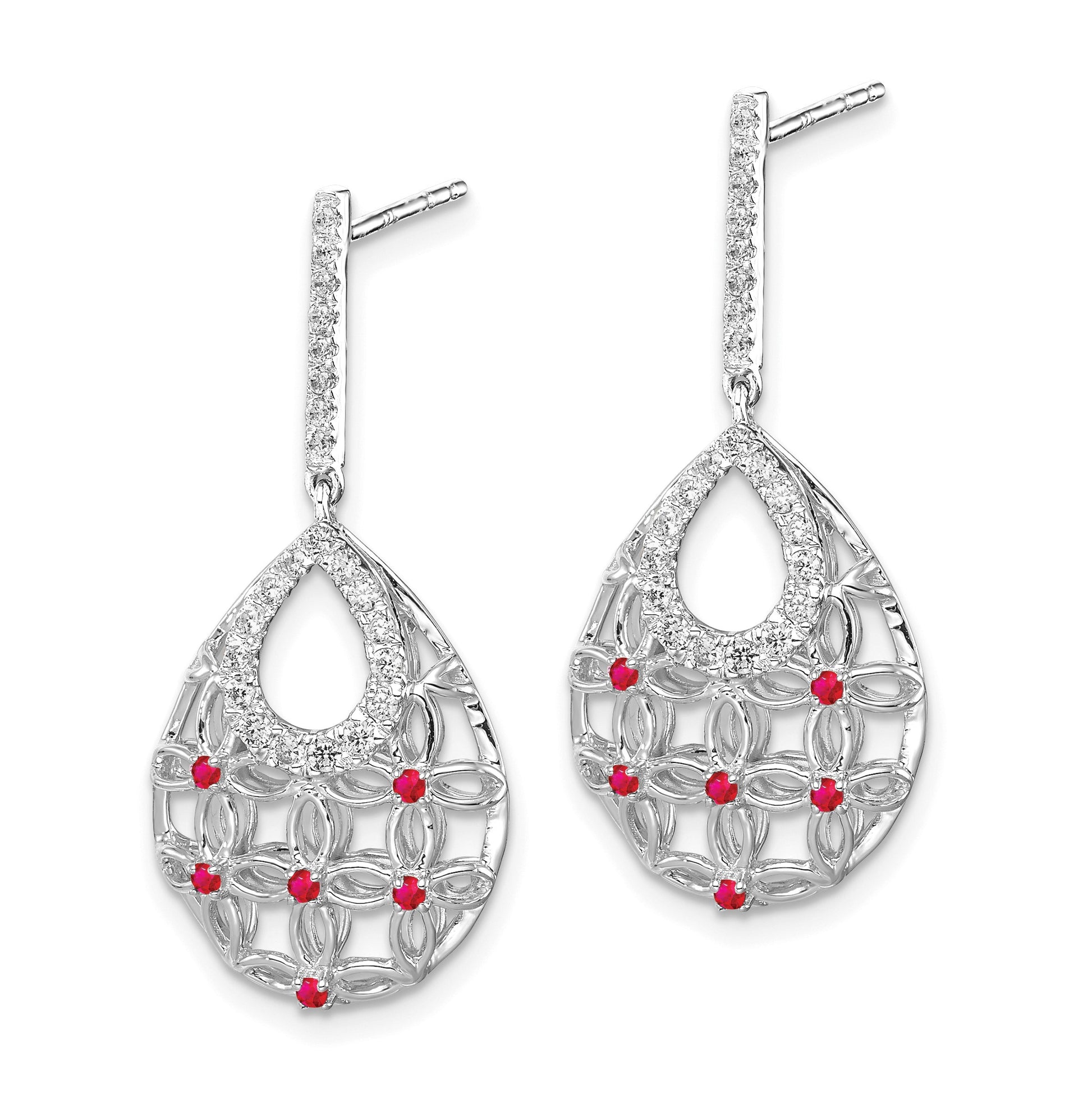 14k White Gold Ruby and Diamond Filigree Teardrop Dangle Post Earrings