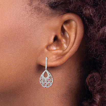 14k White Gold Ruby and Diamond Filigree Teardrop Dangle Post Earrings