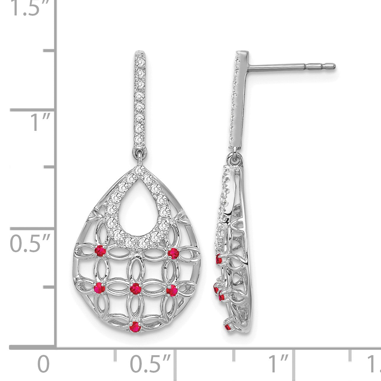 14k White Gold Ruby and Diamond Filigree Teardrop Dangle Post Earrings