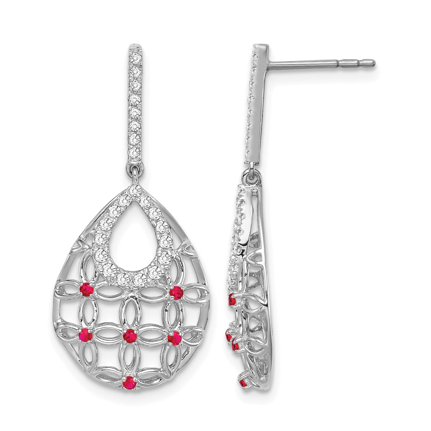 14k White Gold Ruby and Diamond Filigree Teardrop Dangle Post Earrings
