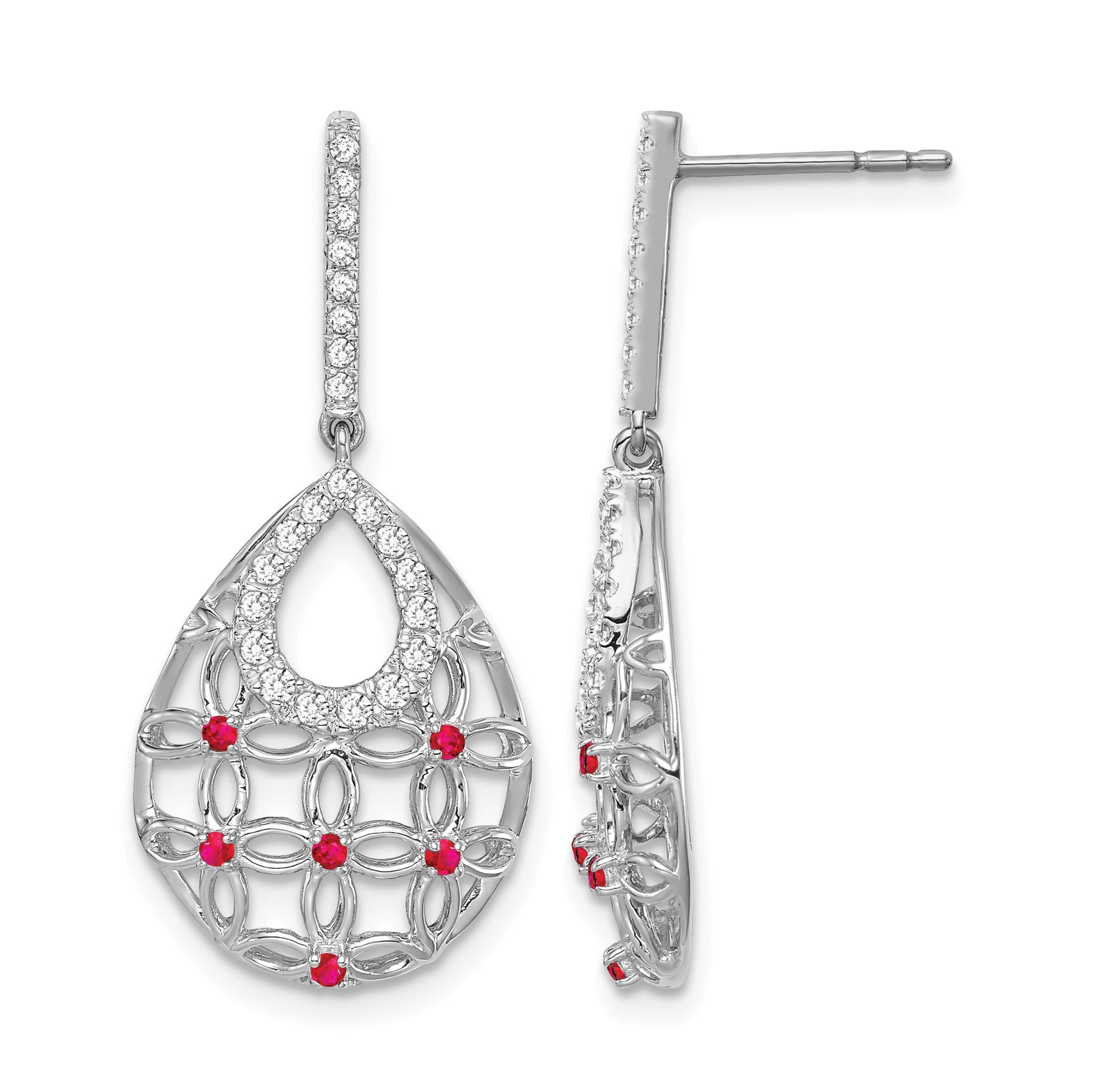 14k White Gold Ruby and Diamond Filigree Teardrop Dangle Post Earrings