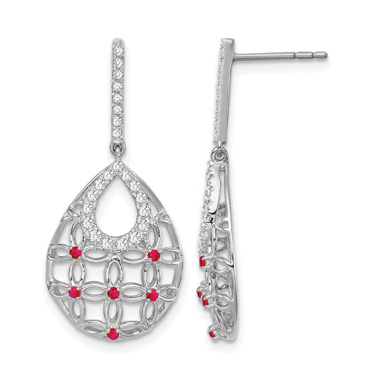 14k White Gold Ruby and Diamond Filigree Teardrop Dangle Post Earrings
