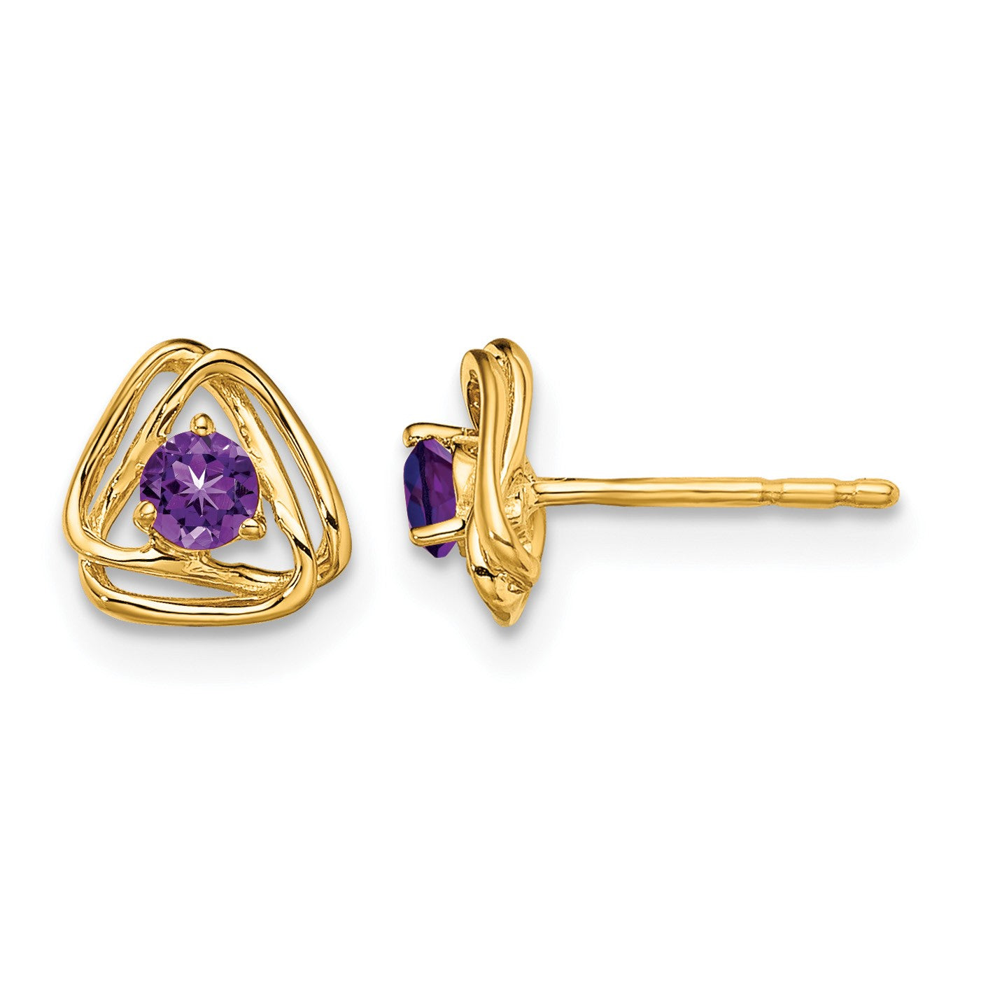 14k 3mm Round February/Amethyst Triangle Post Earrings