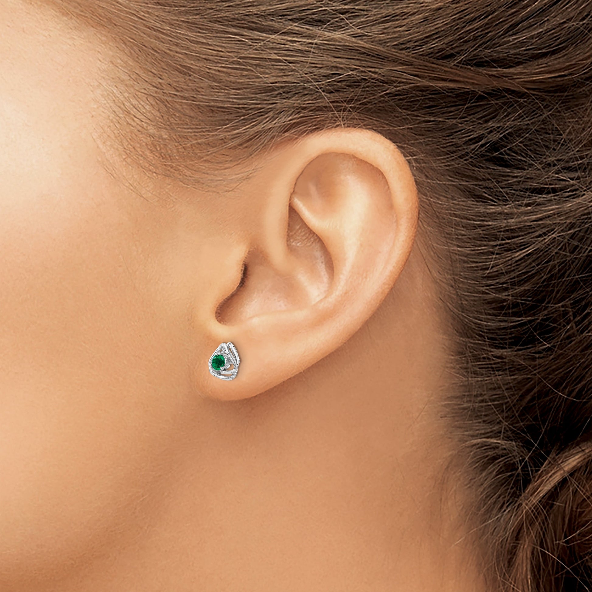 14k White Gold 3mm Round May/Lab Created Emerald Triangle Post Earrings