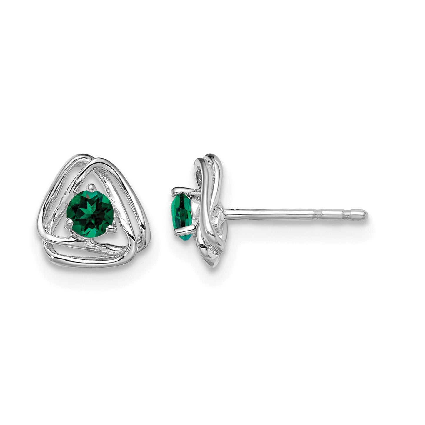 14k White Gold 3mm Round May/Lab Created Emerald Triangle Post Earrings