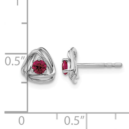 14k White Gold 3mm Round July/Lab Created Ruby Triangle Post Earrings