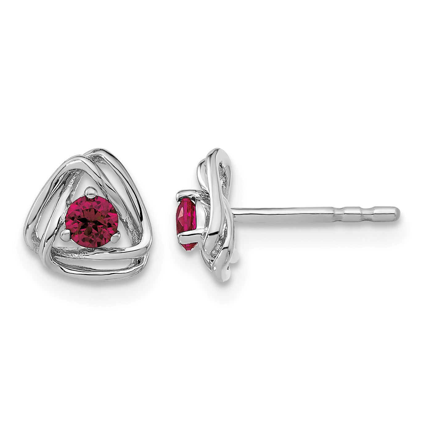 14k White Gold 3mm Round July/Lab Created Ruby Triangle Post Earrings