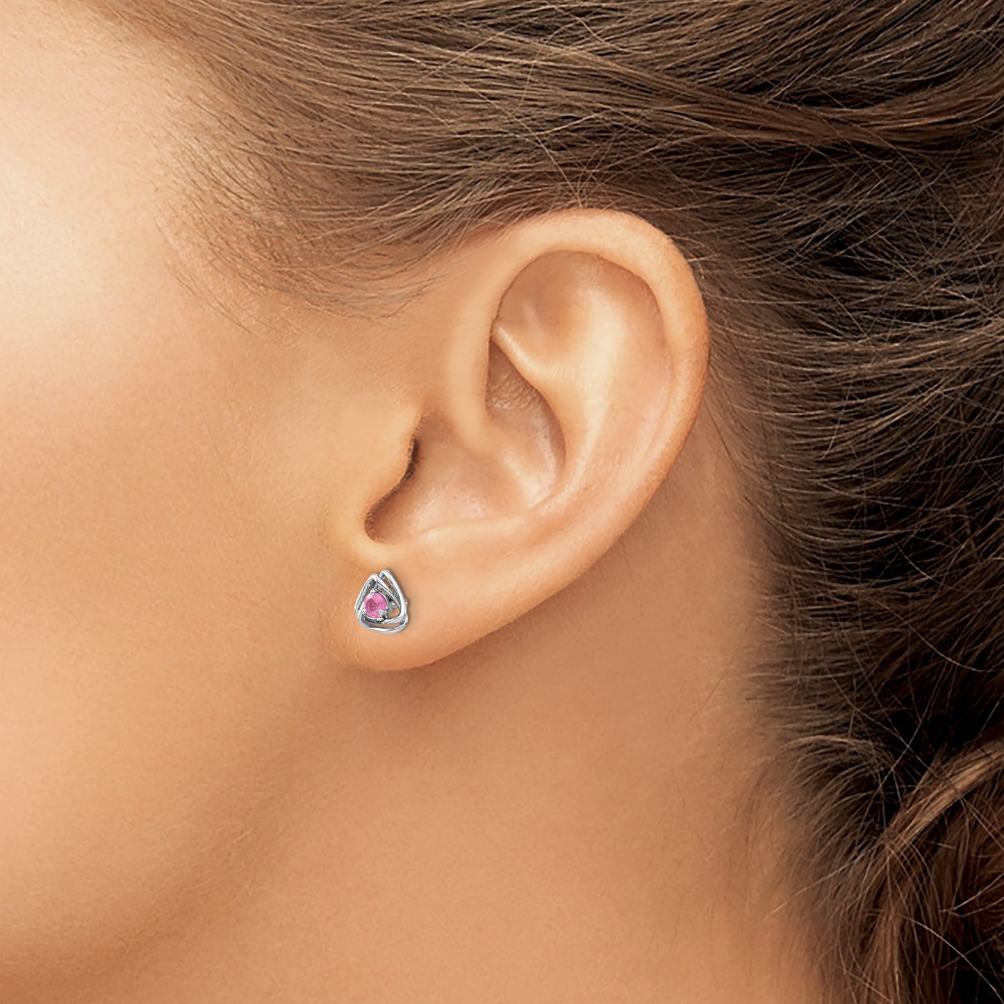 14k White Gold 3mm Round October/Pink Tourmaline Triangle Post Earrings