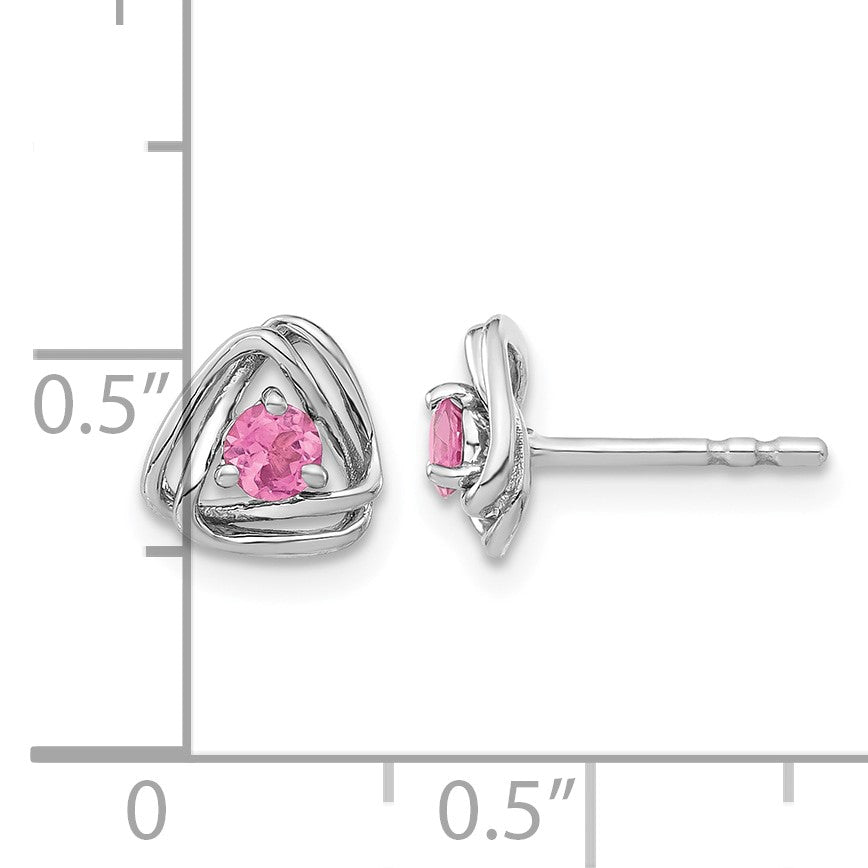 14k White Gold 3mm Round October/Pink Tourmaline Triangle Post Earrings