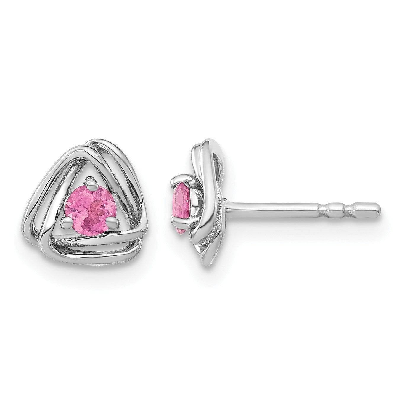 14k White Gold 3mm Round October/Pink Tourmaline Triangle Post Earrings
