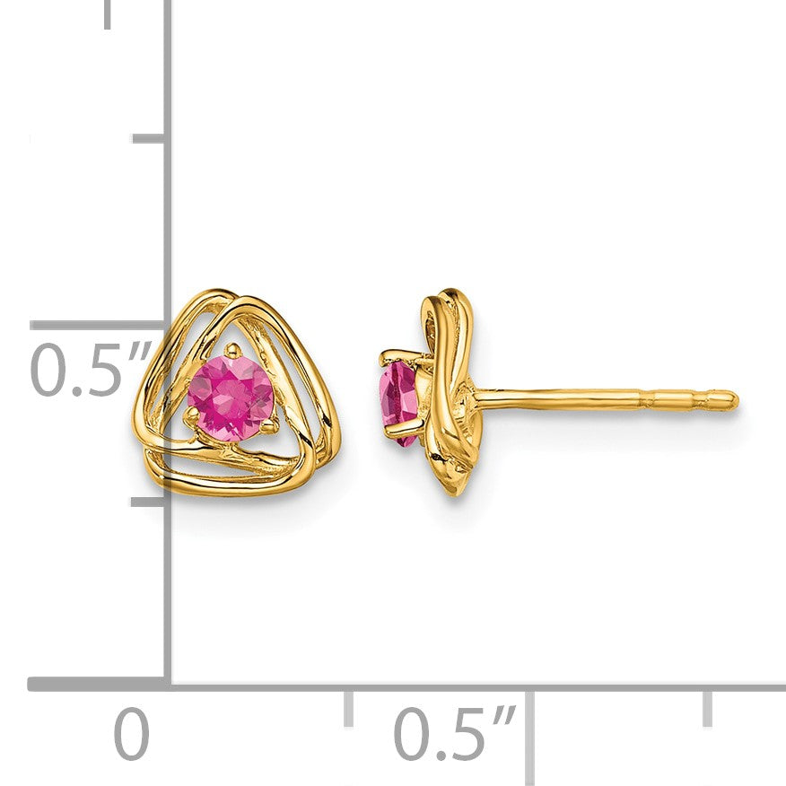 14k 3mm Round October/Pink Tourmaline Triangle Post Earrings