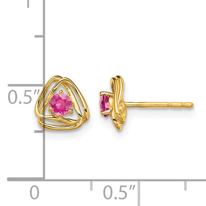 14k 3mm Round October/Pink Tourmaline Triangle Post Earrings