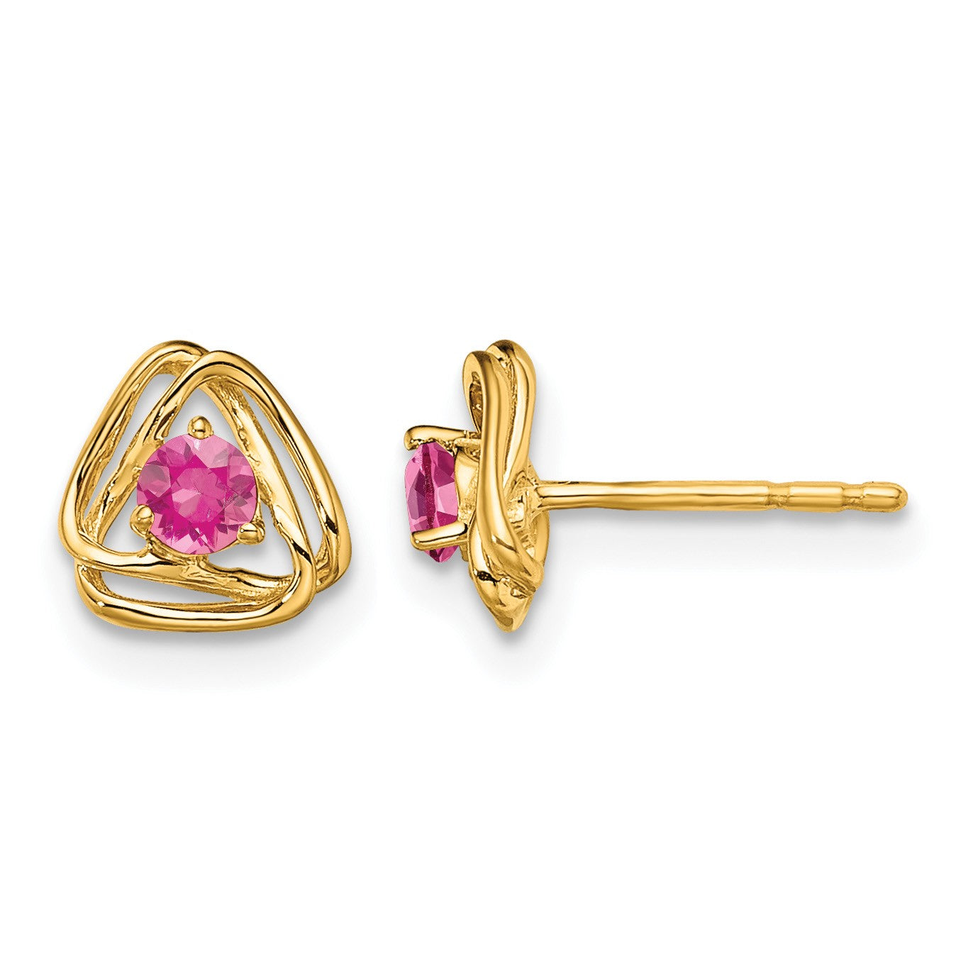 14k 3mm Round October/Pink Tourmaline Triangle Post Earrings