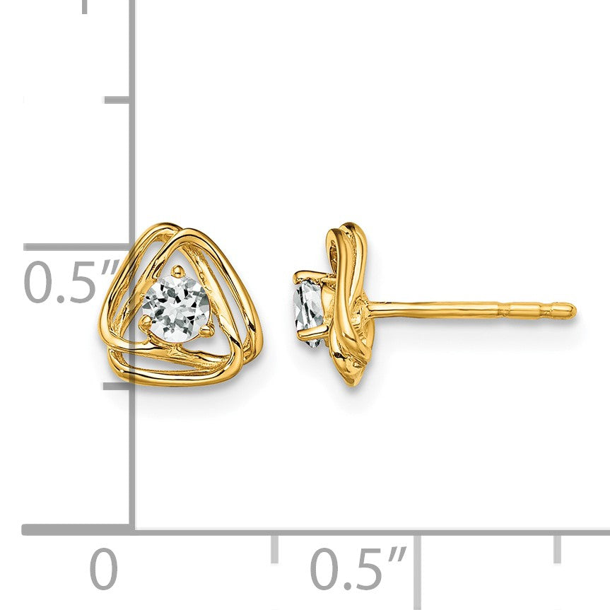 14k 3mm Round April/White Topaz Triangle Post Earrings