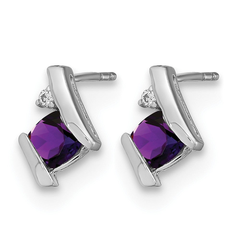 14k White Gold 4mm Cushion February/Amethyst and Diamond Post Earrings