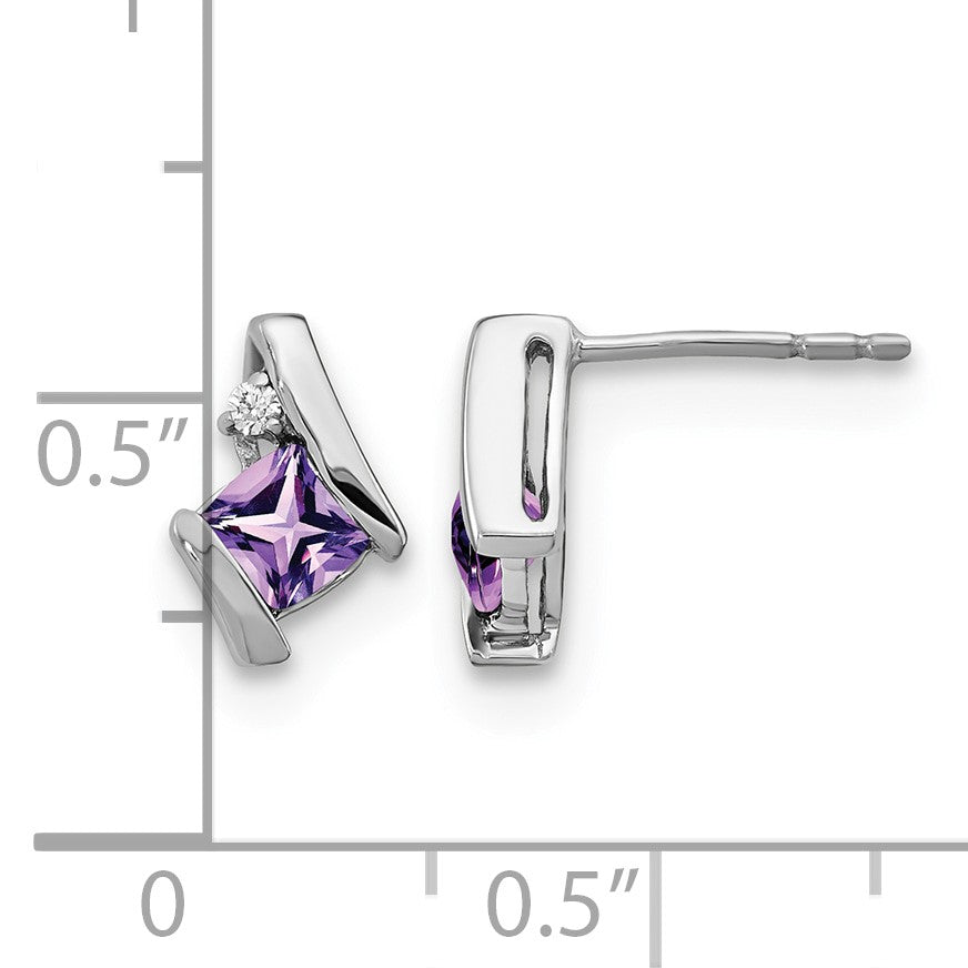 14k White Gold 4mm Cushion February/Amethyst and Diamond Post Earrings
