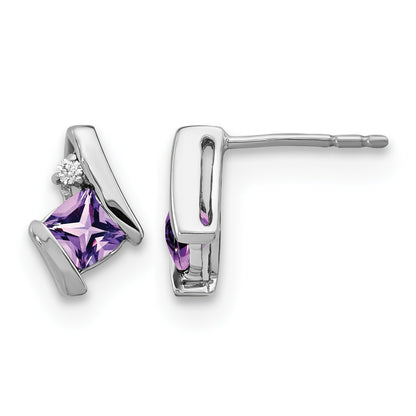14k White Gold 4mm Cushion February/Amethyst and Diamond Post Earrings
