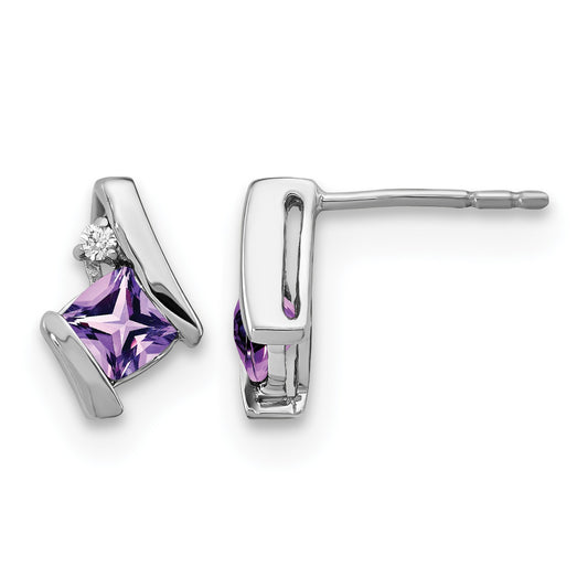 14k White Gold 4mm Cushion February/Amethyst and Diamond Post Earrings