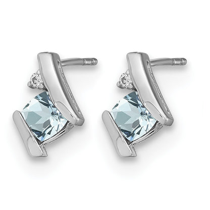 14k White Gold 4mm Cushion March/Aquamarine and Diamond Post Earrings