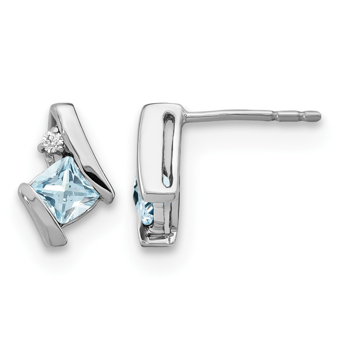 14k White Gold 4mm Cushion March/Aquamarine and Diamond Post Earrings