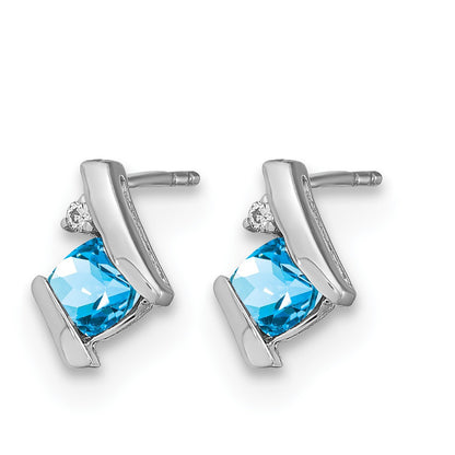 14k White Gold 4mm Cushion December/Blue Topaz and Diamond Post Earrings